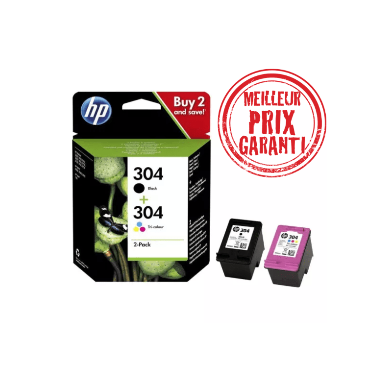Prix Bradé HP 304 noir et couleur - LOT de 2 cartouches d'encre SIMPLE CAPACITE de marque HP 3JB05AE